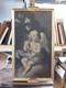 Ancient Oil Painting On Canvas Putto Angel With Lily Golden Frame 19th Century