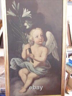 Ancient Oil Painting on Canvas Putto Angel with Lily Golden Frame 19th Century