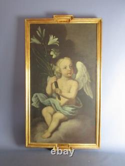 Ancient Oil Painting on Canvas Putto Angel with Lily Golden Frame 19th Century