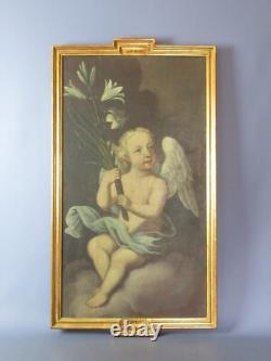 Ancient Oil Painting on Canvas Putto Angel with Lily Golden Frame 19th Century