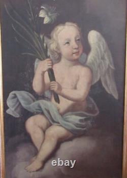 Ancient Oil Painting on Canvas Putto Angel with Lily Golden Frame 19th Century