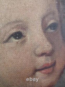 Ancient Oil Painting on Canvas Putto Angel with Lily Golden Frame 19th Century