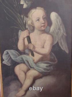 Ancient Oil Painting on Canvas Putto Angel with Lily Golden Frame 19th Century