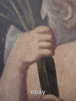 Ancient Oil Painting on Canvas Putto Angel with Lily Golden Frame 19th Century