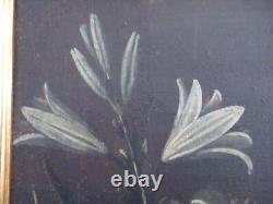 Ancient Oil Painting on Canvas Putto Angel with Lily Golden Frame 19th Century