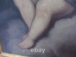 Ancient Oil Painting on Canvas Putto Angel with Lily Golden Frame 19th Century
