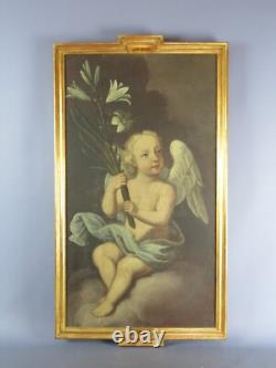 Ancient Oil Painting on Canvas Putto Angel with Lily Golden Frame 19th Century