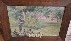 Ancient Oil Painting on Canvas Signed A. Jacquot Countryside Landscape with Chickens 1927