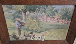 Ancient Oil Painting on Canvas Signed A. Jacquot Countryside Landscape with Chickens 1927