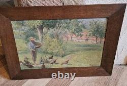 Ancient Oil Painting on Canvas Signed A. Jacquot Countryside Landscape with Chickens 1927