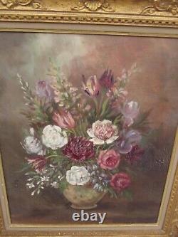 Ancient Oil Painting on Canvas Still Life Flower Bouquet signed M. Reheiser