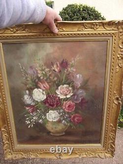 Ancient Oil Painting on Canvas Still Life Flower Bouquet signed M. Reheiser