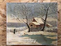 Ancient Oil Painting on Canvas by C. GUYON Winter Landscape 19th Century Vintage
