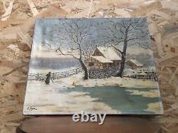 Ancient Oil Painting on Canvas by C. GUYON Winter Landscape 19th Century Vintage