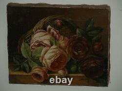 Ancient Oil Paintings On Canvas Signed Bouquet Of Roses 19th Era