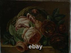 Ancient Oil Paintings On Canvas Signed Bouquet Of Roses 19th Era