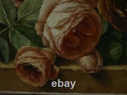 Ancient Oil Paintings On Canvas Signed Bouquet Of Roses 19th Era