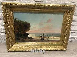 Ancient Oil-on-wood Table Marine Boat XIX Eme