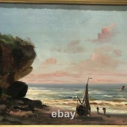 Ancient Oil-on-wood Table Marine Boat XIX Eme