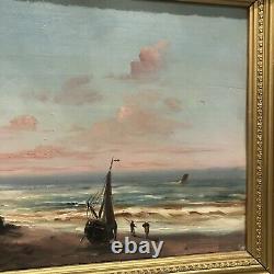 Ancient Oil-on-wood Table Marine Boat XIX Eme