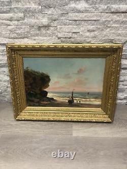 Ancient Oil-on-wood Table Marine Boat XIX Eme