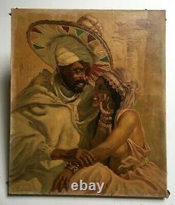 Ancient Orientalist Painting Signed, Oil On Canvas, Couple Portrait Early 20th