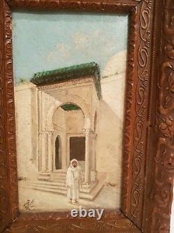 Ancient Orientalist Wood Painting Early XX Century Monogrammed To Be Deciphered