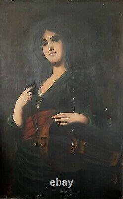 Ancient Painting 1908 Portrait Woman Music Musician A Restaurer 121 X 75 CM