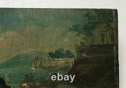 Ancient Painting, Animated Antique Port, Oil On Panel Late 19th Or Early 20th Century