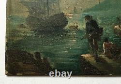 Ancient Painting, Animated Antique Port, Oil On Panel Late 19th Or Early 20th Century