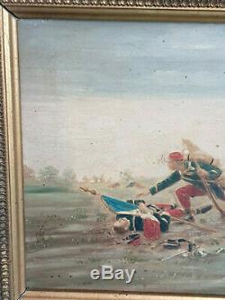 Ancient Painting Battle Scene / Oil On Panel Signed / Militaria 1870