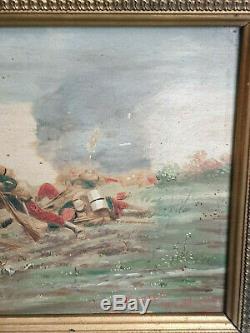 Ancient Painting Battle Scene / Oil On Panel Signed / Militaria 1870