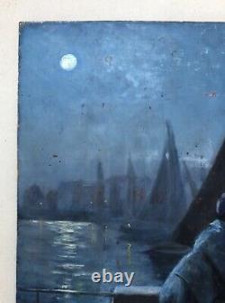 Ancient Painting, Breton Couple Moonlight, Oil On Panel Start 20th