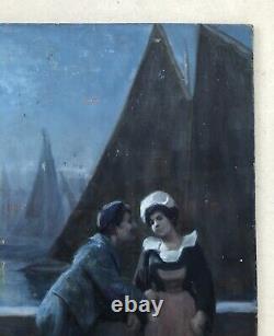 Ancient Painting, Breton Couple Moonlight, Oil On Panel Start 20th