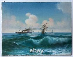 Ancient Painting By Kolliker Oil On Canvas, Marine, Boats, Early 20th Century