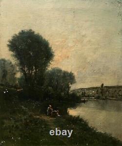 Ancient Painting By Okolowicz, Lavandières By River, Painting, 19th