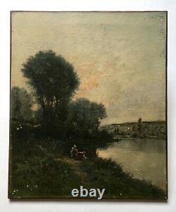 Ancient Painting By Okolowicz, Lavandières By River, Painting, 19th