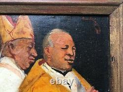 Ancient Painting By Paul Dangmann, Episcopal Meeting, Oil On Panel, 20th Century