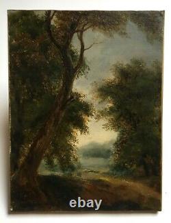 Ancient Painting By R. Westall, Oil On Canvas, Landscape, Wood Path, 19th Century