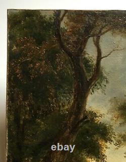 Ancient Painting By R. Westall, Oil On Canvas, Landscape, Wood Path, 19th Century