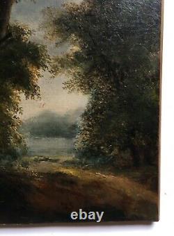 Ancient Painting By R. Westall, Oil On Canvas, Landscape, Wood Path, 19th Century