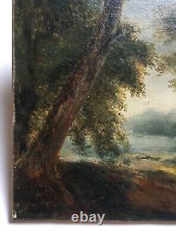 Ancient Painting By R. Westall, Oil On Canvas, Landscape, Wood Path, 19th Century