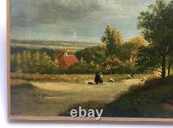 Ancient Painting Dated 1862, Oil On Canvas, Animated Landscape Shepherd Couple, 19th