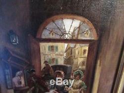 Ancient Painting End XIX Th Oil On Canvas Elegantes Under A Porch