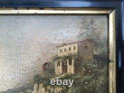 Ancient Painting, House On The Coast, Oil On Canvas, Italy Monogram, 19th