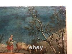 Ancient Painting, Landscape Animated At The Bridge, Oil On Canvas, Painting, 18th