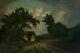 Ancient Painting, Landscape, Chickens And Cottages, Dawn, Oil On Canvas, 19th