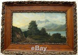 Ancient Painting Landscape Mountain And Lake Oil On Wood Panel