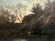 Ancient Painting, Landscape Of Animated River, School Of Barbizon, Painting, 19th