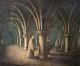 Ancient Painting, Monastery, Monks, Religious, Oil On Paper, 19th Painting